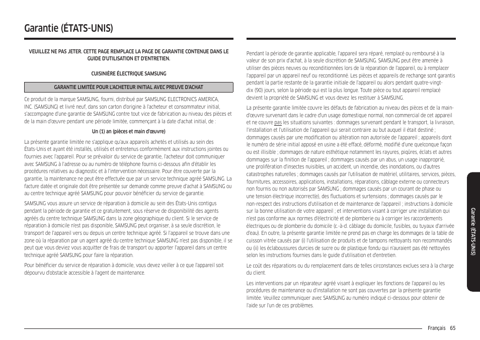 Garantie (états-unis) | Samsung 30 Inch Freestanding Electric Smart Range Owner Manual User Manual | Page 205 / 210