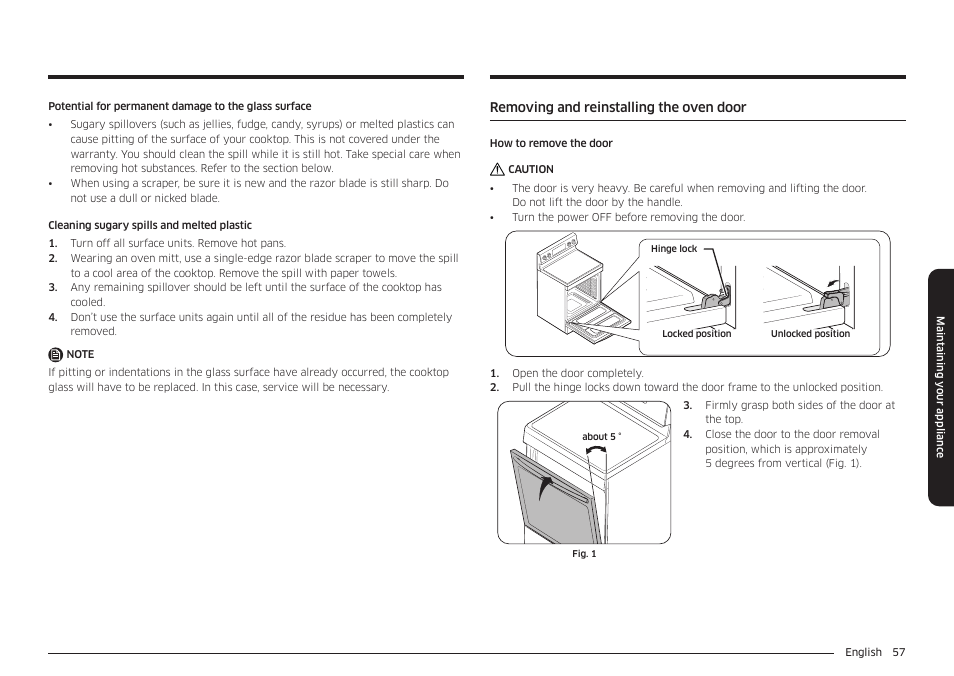 Removing and reinstalling the oven door | Samsung 30 Inch Freestanding Electric Smart Range Owner Manual User Manual | Page 57 / 210