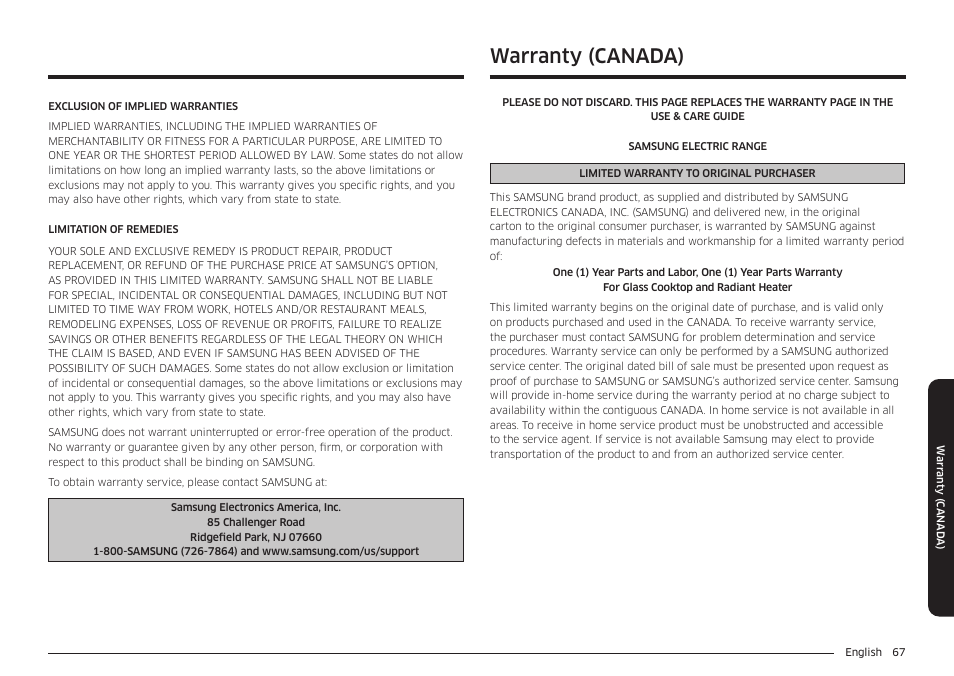Warranty (canada) | Samsung 30 Inch Freestanding Electric Smart Range Owner Manual User Manual | Page 67 / 210