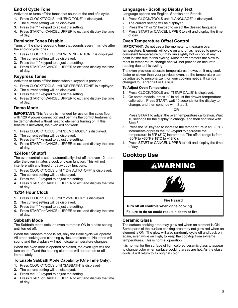 Cooktop use_w11281977, Warning, Cooktop use | KITCHENAID 30 Inch Slide-In Electric Range Control Guide User Manual | Page 5 / 25