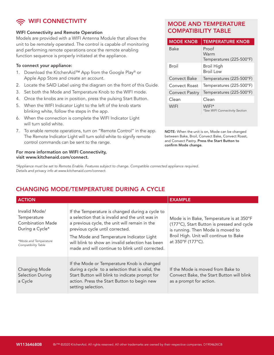 Wifi connectivity, Mode and temperature compatibility table, Changing mode/temperature during a cycle | KITCHENAID 36 Inch Smart Commercial Style Gas Range Quick Start Guide User Manual | Page 2 / 4