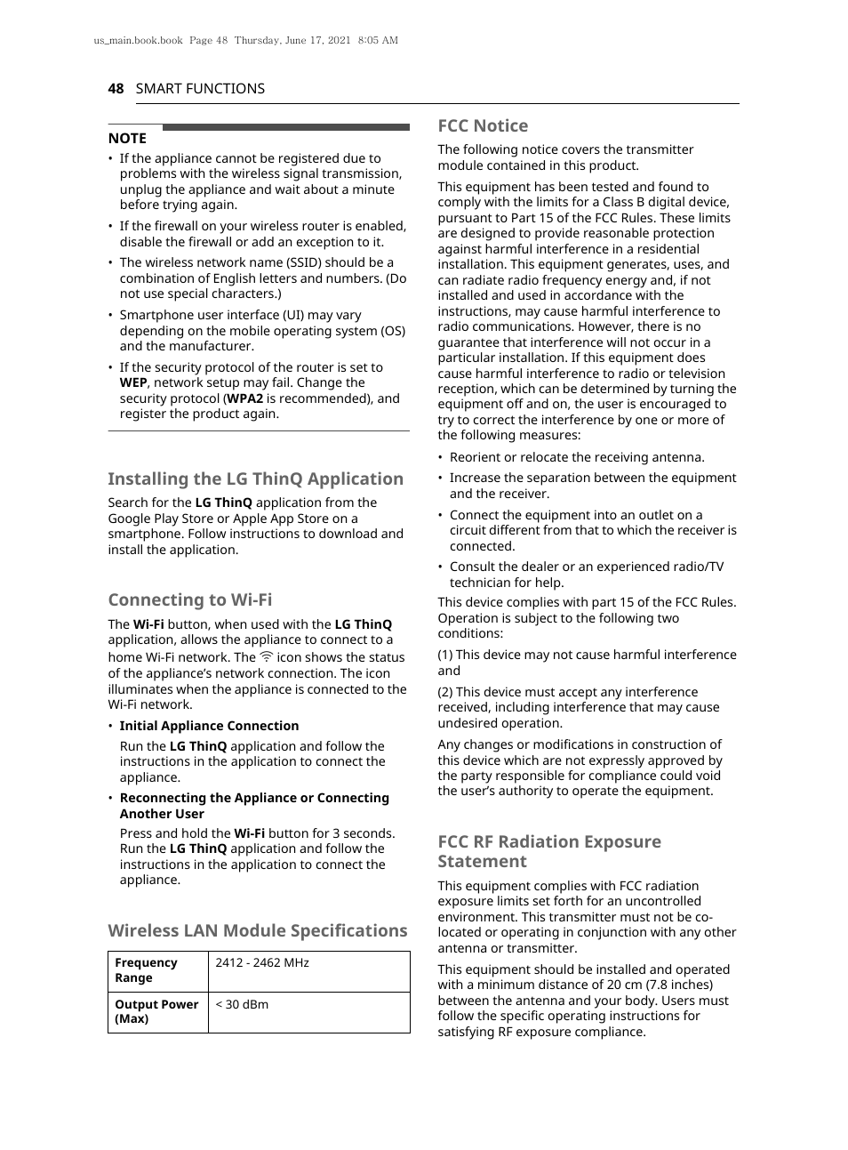 Installing the lg thinq application, Connecting to wi-fi, Wireless lan module specifications fcc notice | Fcc rf radiation exposure statement | LG 30 Inch Electric Slide-In Smart Range Owner Manual User Manual | Page 48 / 164