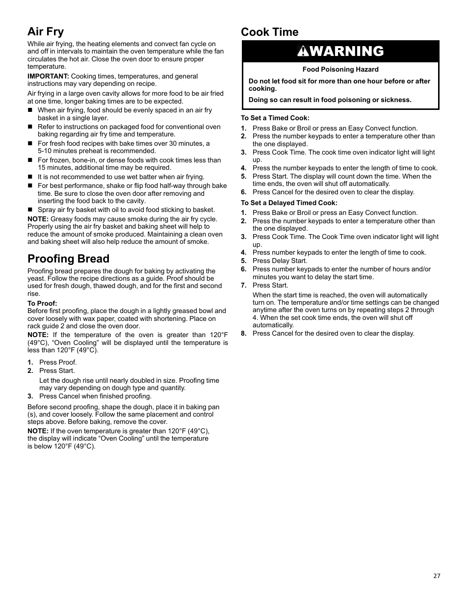 Air fry_w11637359a, Proofing bread_w11281994, Cook time_w11637359a | Warning, Air fry, Proofing bread, Cook time | KITCHENAID 30 Inch Slide-In Induction Range Owners Guide User Manual | Page 27 / 89