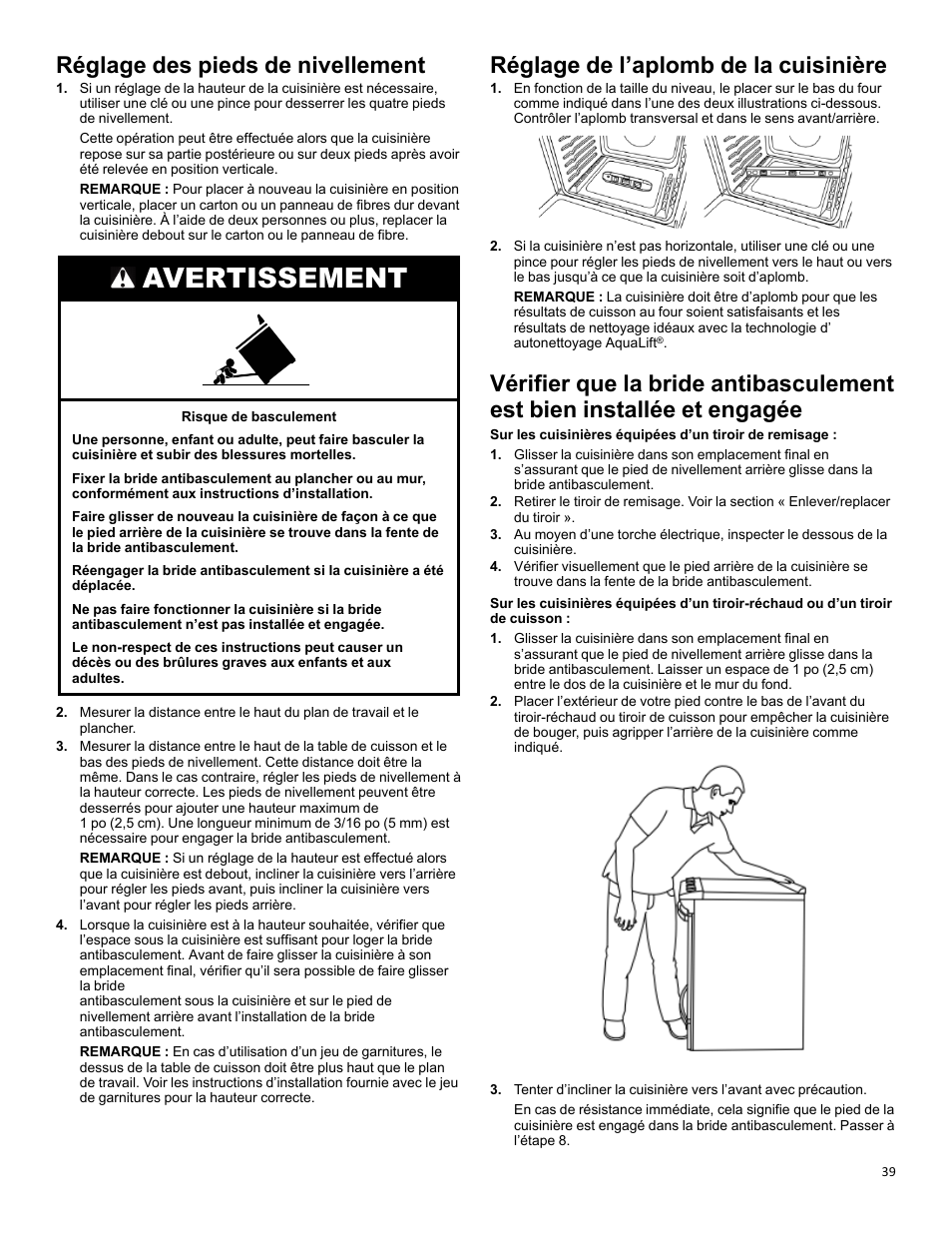 Réglage des pieds de nivellement, Réglage de l’aplomb de la cuisinière, Verify anti-tip_om_w11637353a | Avertissement | KITCHENAID 30 Inch Slide-In Induction Range Owners Guide User Manual | Page 39 / 89