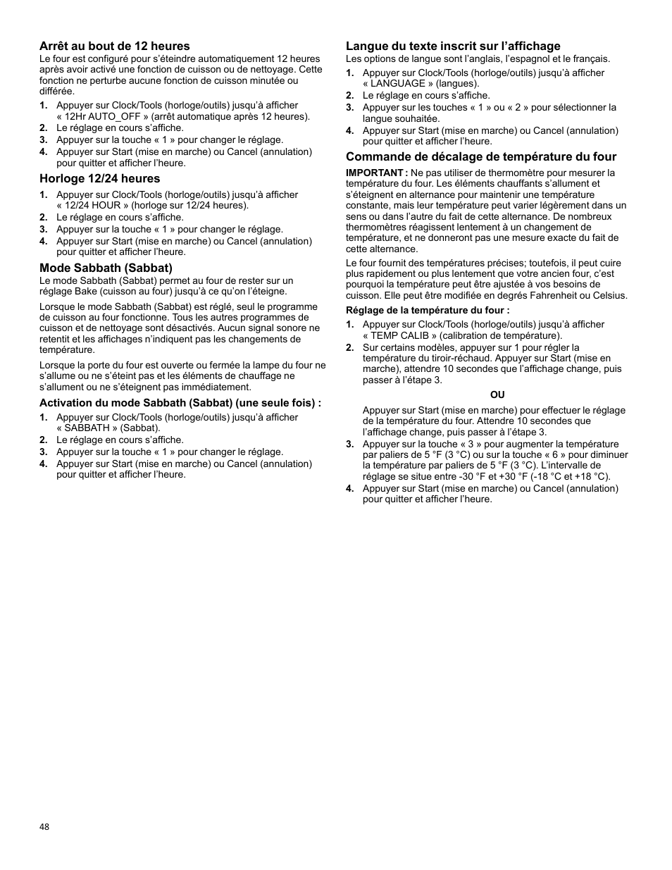 Arrêt au bout de 12 heures, Horloge 12/24 heures, Mode sabbath (sabbat) | Langue du texte inscrit sur l’affichage, Commande de décalage de température du four | KITCHENAID 30 Inch Slide-In Induction Range Owners Guide User Manual | Page 48 / 89