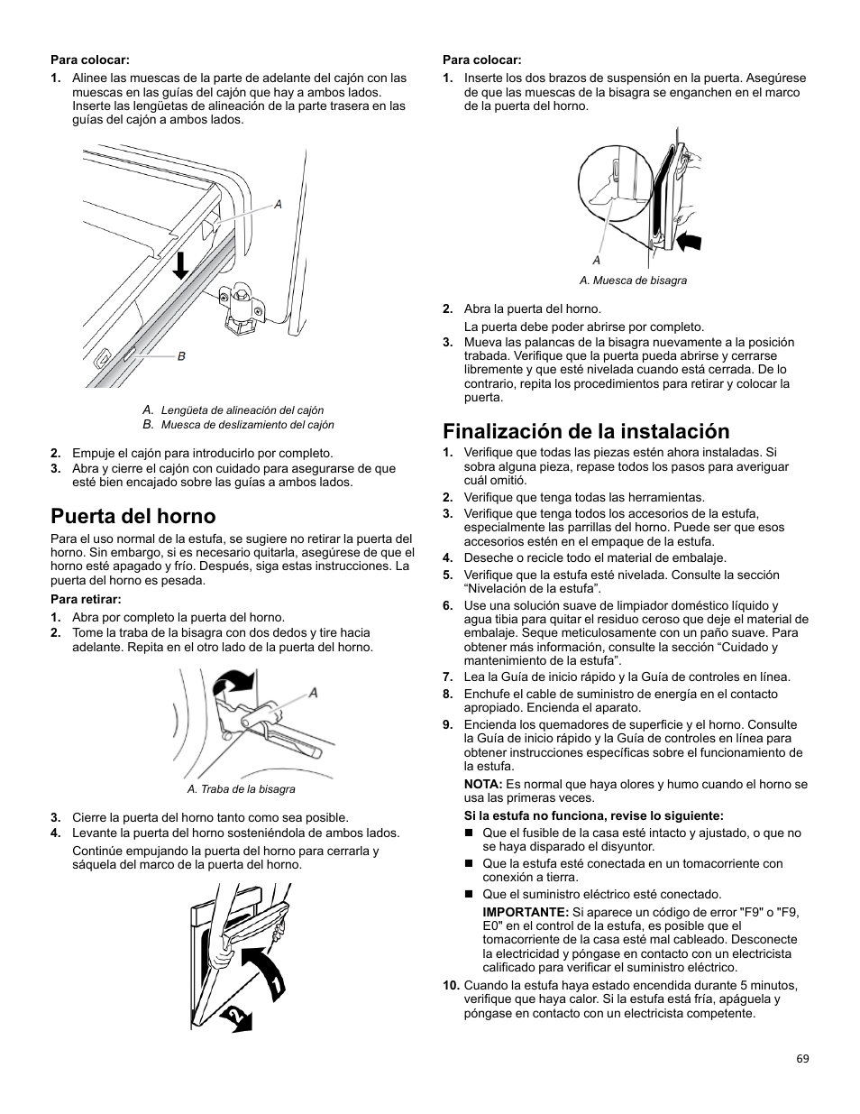 Puerta del horno, Finalización de la instalación | KITCHENAID 30 Inch Slide-In Induction Range Owners Guide User Manual | Page 69 / 89