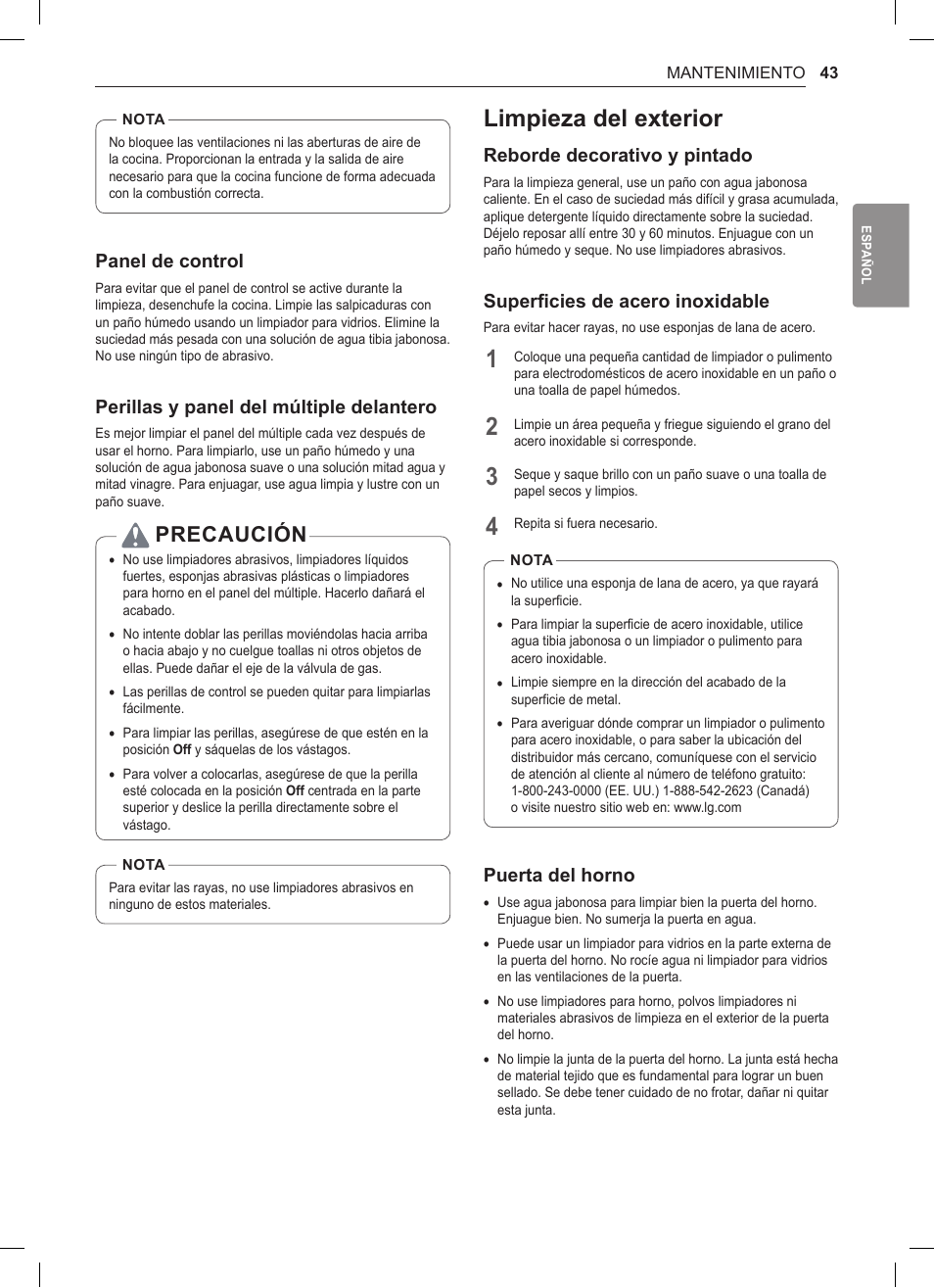 Limpieza del exterior, 43 limpieza del exterior, Precaución | Panel de control, Perillas y panel del múltiple delantero, Reborde decorativo y pintado, Superficies de acero inoxidable, Puerta del horno | LG 30 Inch Double Oven Gas Range Owners Manual User Manual | Page 101 / 120