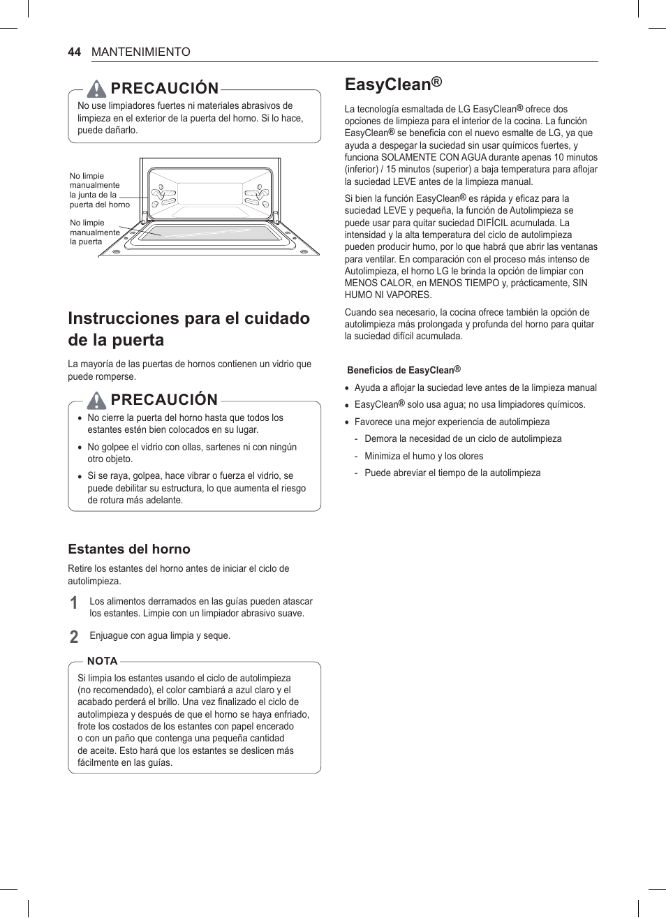 Instrucciones para el cuidado de la puerta, Easyclean, Precaución | Estantes del horno | LG 30 Inch Double Oven Gas Range Owners Manual User Manual | Page 102 / 120