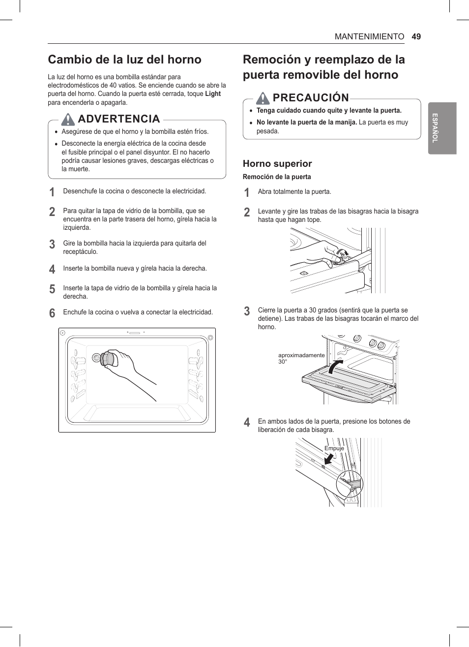 Cambio de la luz del horno, Del horno, Advertencia | Precaución | LG 30 Inch Double Oven Gas Range Owners Manual User Manual | Page 107 / 120