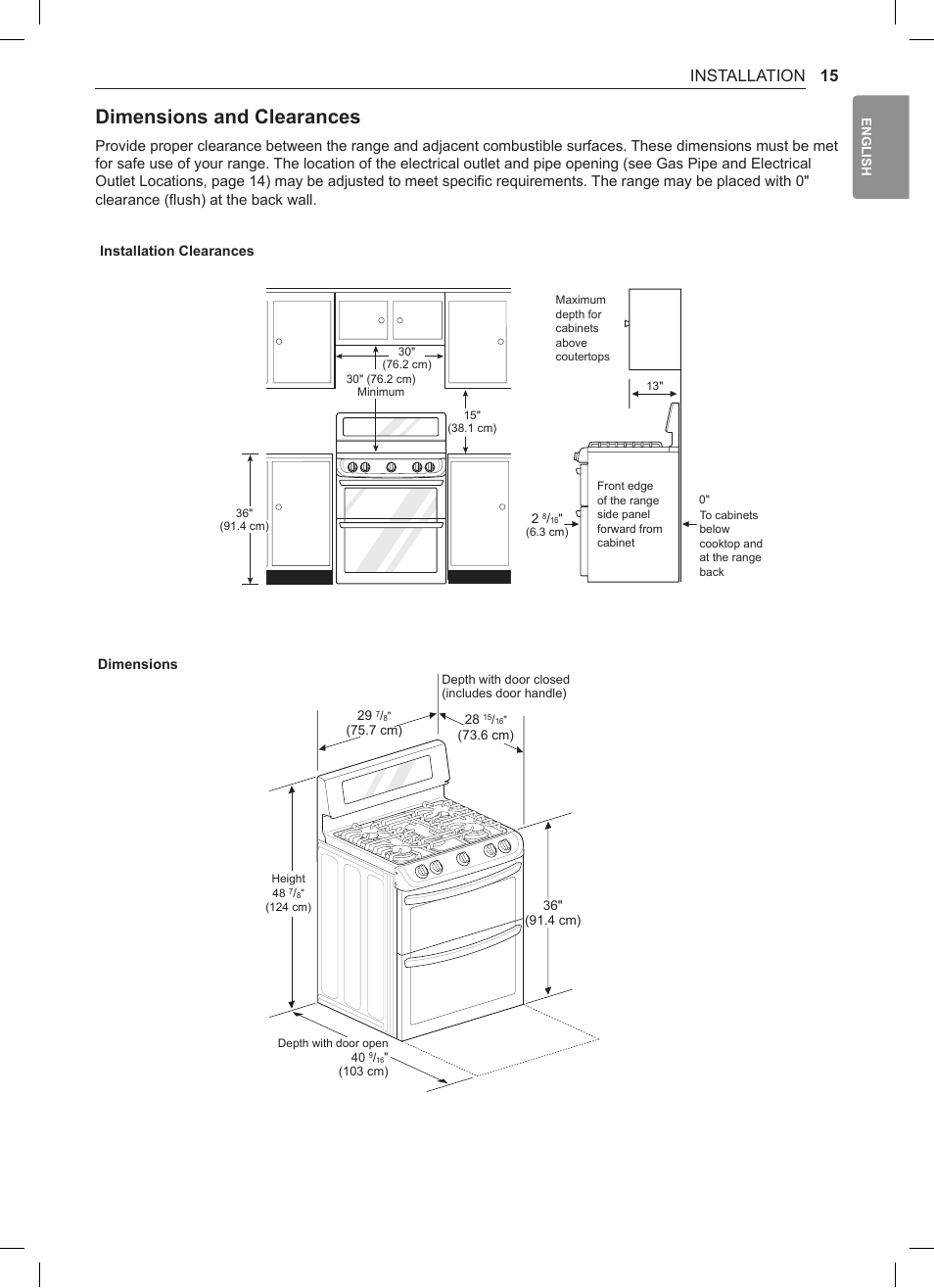Dimensions and clearances, 15 installation | LG 30 Inch Double Oven Gas Range Owners Manual User Manual | Page 15 / 120