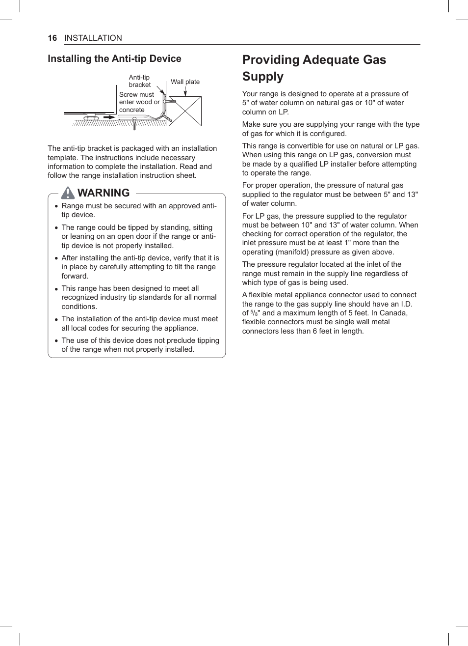 Providing adequate gas supply, 16 providing adequate gas supply, Warning | Installing the anti-tip device | LG 30 Inch Double Oven Gas Range Owners Manual User Manual | Page 16 / 120