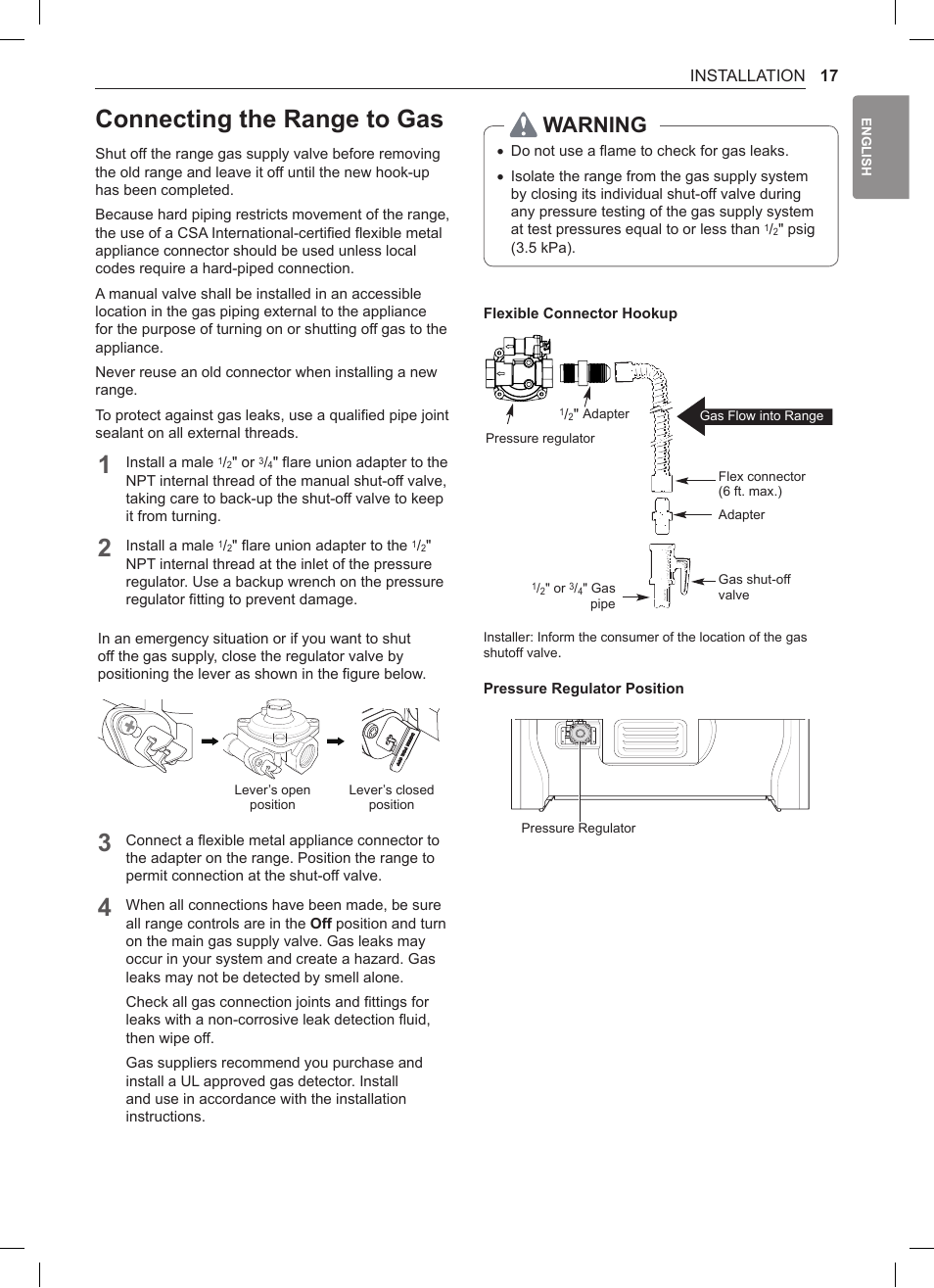 Connecting the range to gas, 17 connecting the range to gas, Warning | LG 30 Inch Double Oven Gas Range Owners Manual User Manual | Page 17 / 120