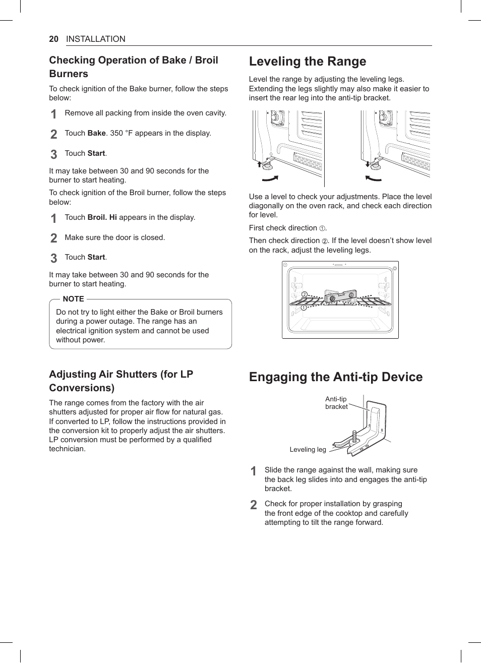 Leveling the range, Engaging the anti-tip device | LG 30 Inch Double Oven Gas Range Owners Manual User Manual | Page 20 / 120