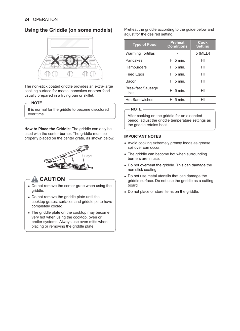 Using the griddle (on some models), 24 using the griddle, Caution | LG 30 Inch Double Oven Gas Range Owners Manual User Manual | Page 24 / 120