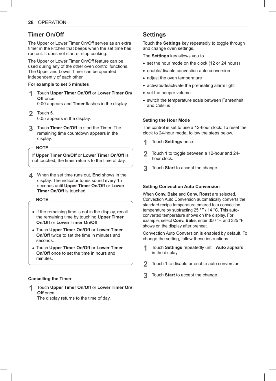 Timer on/off, Settings, Setting the hour mode | Setting convection auto conversion, 28 timer on/off 28 settings | LG 30 Inch Double Oven Gas Range Owners Manual User Manual | Page 28 / 120