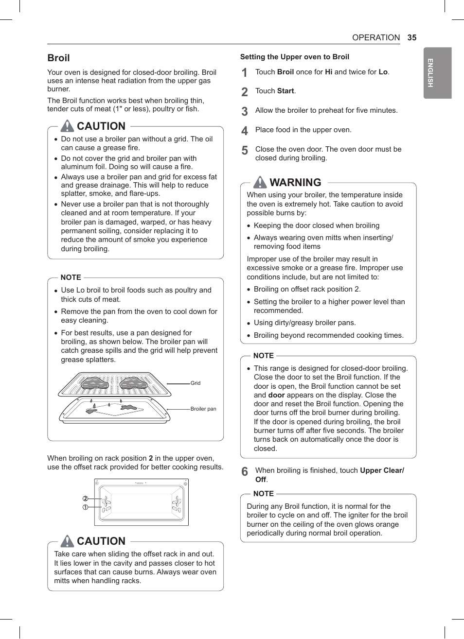 Broil, 35 broil, Caution | Warning | LG 30 Inch Double Oven Gas Range Owners Manual User Manual | Page 35 / 120