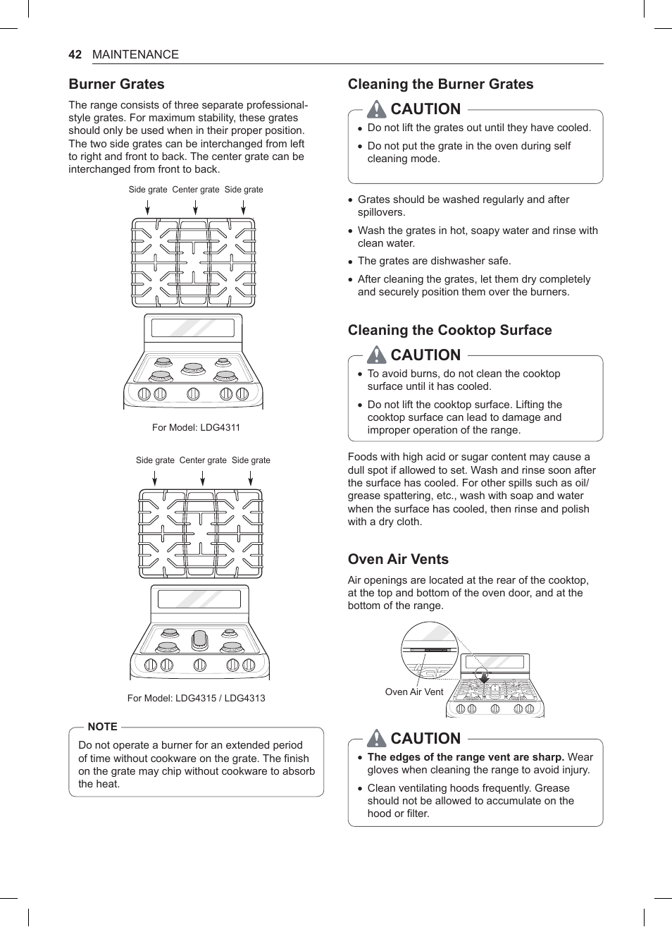 Caution, Burner grates, Cleaning the burner grates | Cleaning the cooktop surface, Oven air vents | LG 30 Inch Double Oven Gas Range Owners Manual User Manual | Page 42 / 120