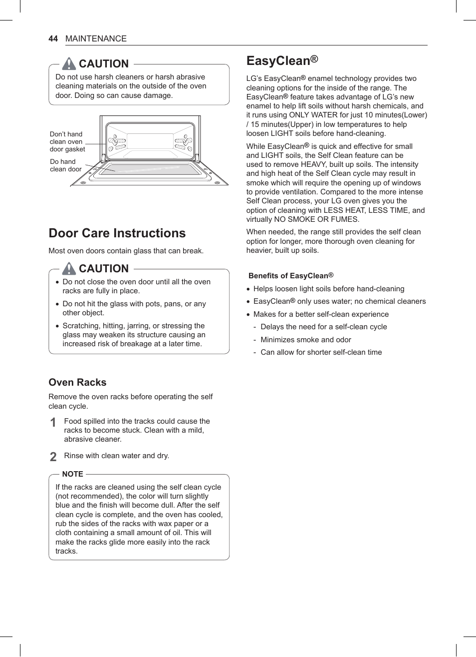 Door care instructions, Easyclean, 44 door care instructions 44 easyclean | Caution, Oven racks | LG 30 Inch Double Oven Gas Range Owners Manual User Manual | Page 44 / 120