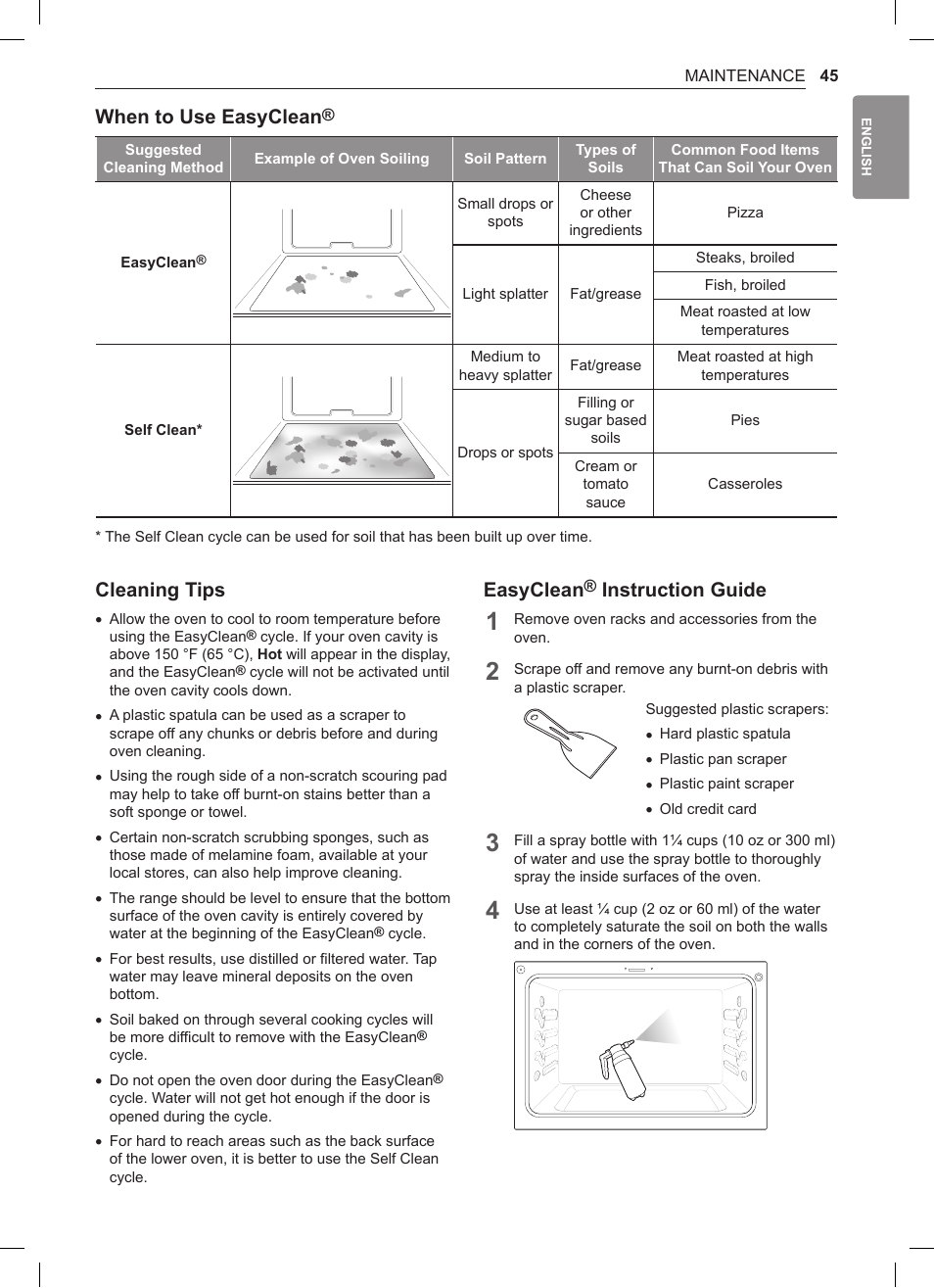 When to use easyclean, Cleaning tips, Easyclean | Instruction guide | LG 30 Inch Double Oven Gas Range Owners Manual User Manual | Page 45 / 120