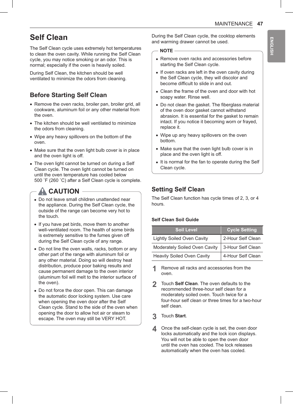 Self clean, 47 self clean, Caution | Before starting self clean, Setting self clean | LG 30 Inch Double Oven Gas Range Owners Manual User Manual | Page 47 / 120