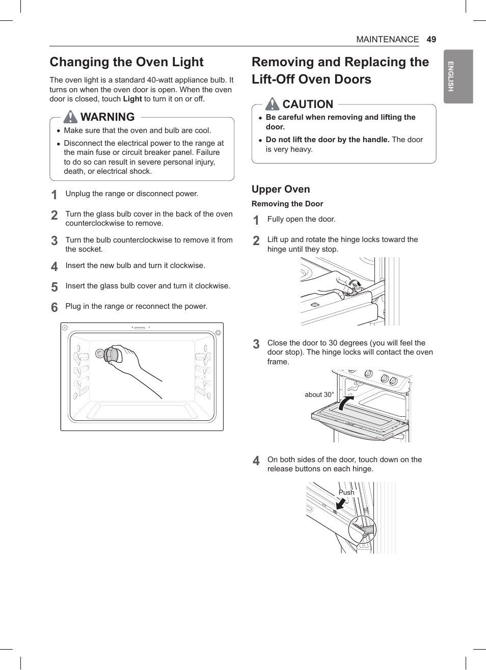 Changing the oven light, Removing and replacing the lift-off oven doors, Doors | Warning, Caution | LG 30 Inch Double Oven Gas Range Owners Manual User Manual | Page 49 / 120