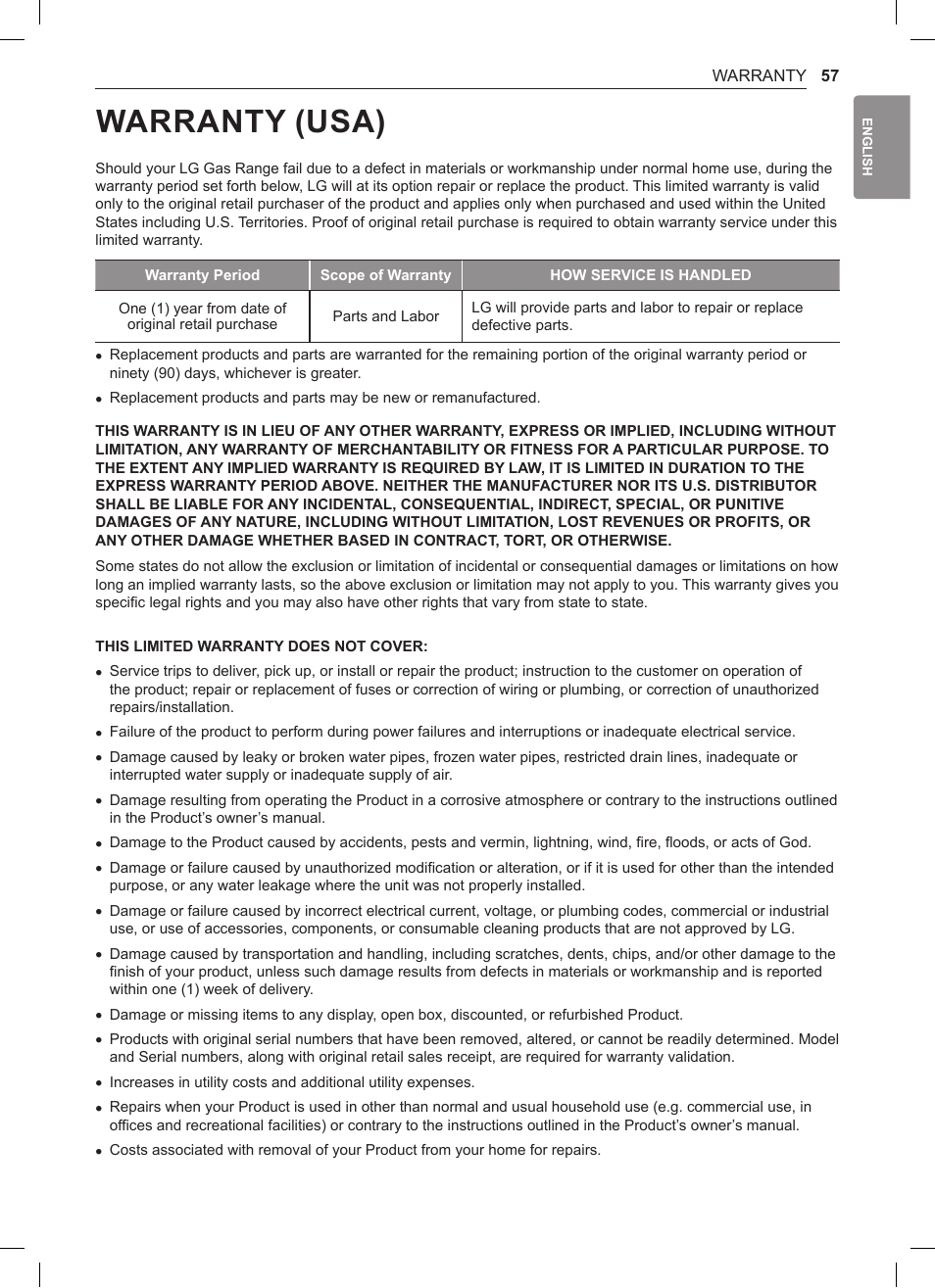 Warranty (usa), Warranty | LG 30 Inch Double Oven Gas Range Owners Manual User Manual | Page 57 / 120