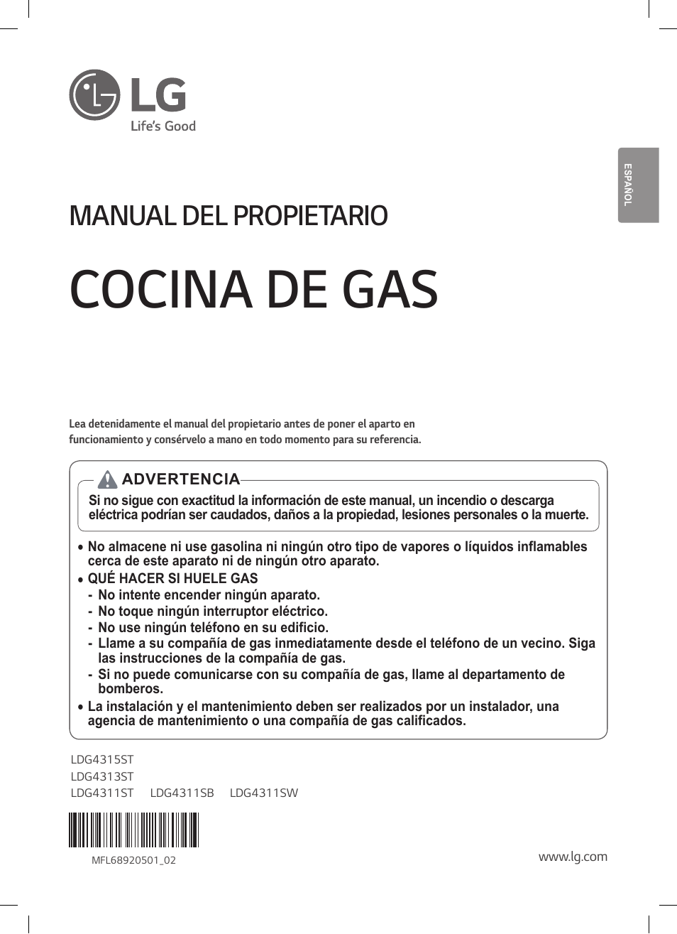 Cocina de gas, Manual del propietario | LG 30 Inch Double Oven Gas Range Owners Manual User Manual | Page 59 / 120