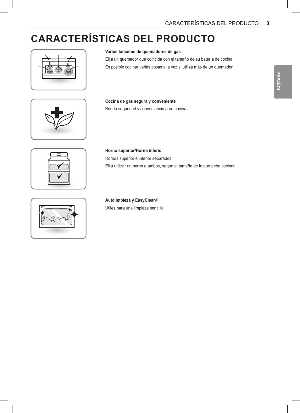 Características del producto, Características del, Producto | LG 30 Inch Double Oven Gas Range Owners Manual User Manual | Page 61 / 120