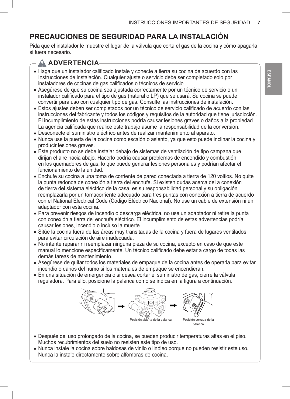 Precauciones de seguridad para la instalación, Advertencia | LG 30 Inch Double Oven Gas Range Owners Manual User Manual | Page 65 / 120
