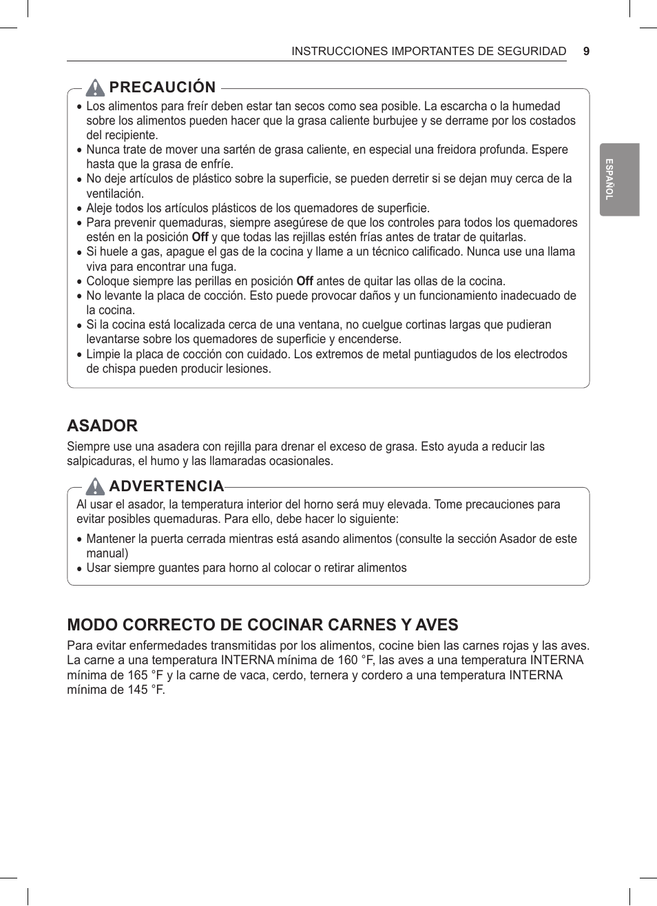Asador, Modo correcto de cocinar carnes y aves, Precaución | Advertencia | LG 30 Inch Double Oven Gas Range Owners Manual User Manual | Page 67 / 120