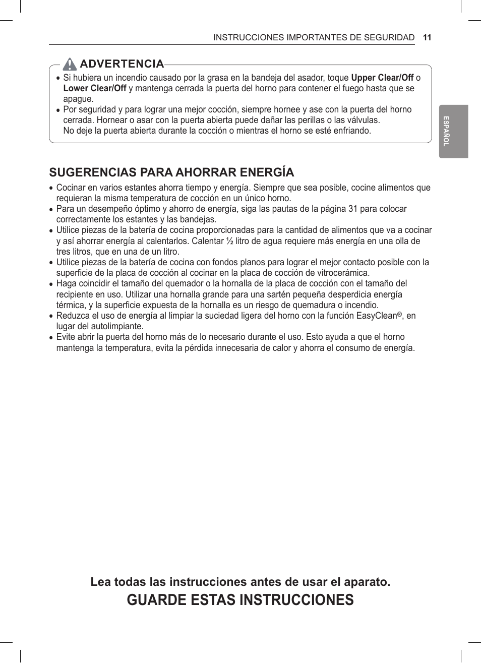 Guarde estas instrucciones, Sugerencias para ahorrar energía, Advertencia | LG 30 Inch Double Oven Gas Range Owners Manual User Manual | Page 69 / 120