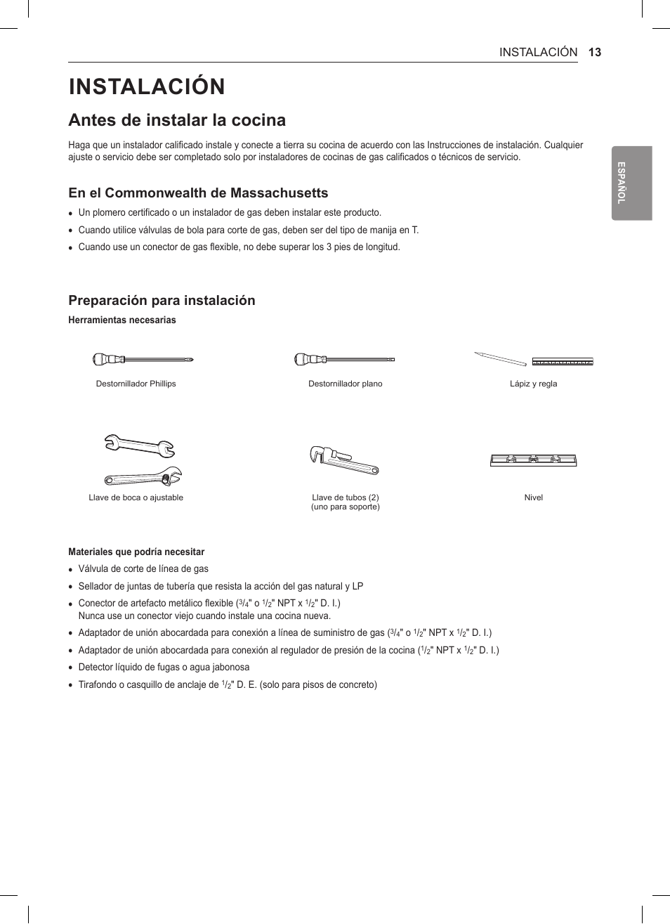 Instalación, Antes de instalar la cocina, 13 antes de instalar la cocina | En el commonwealth de massachusetts, Preparación para instalación | LG 30 Inch Double Oven Gas Range Owners Manual User Manual | Page 71 / 120