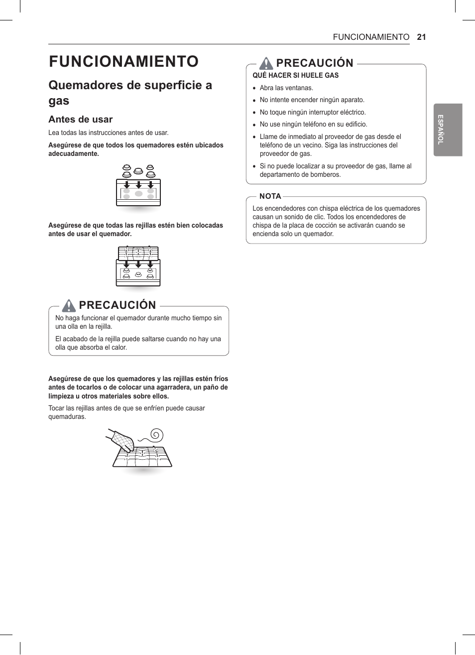Funcionamiento, Quemadores de superficie a gas, 21 quemadores de superficie a gas | Precaución, Antes de usar | LG 30 Inch Double Oven Gas Range Owners Manual User Manual | Page 79 / 120