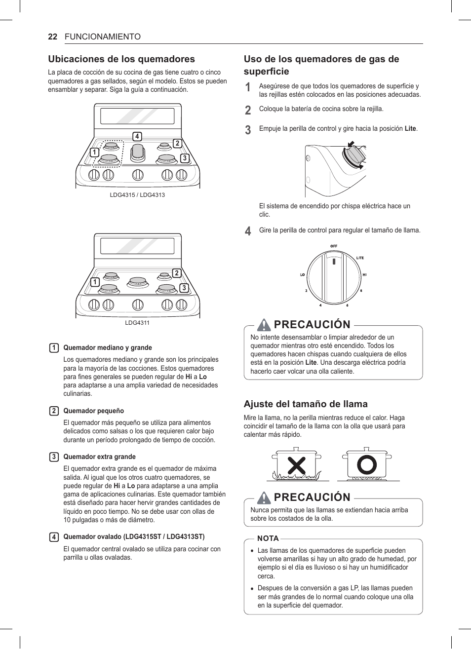 Ubicaciones de los quemadores, Ajuste del tamaño de llama, Precaución | Uso de los quemadores de gas de superficie | LG 30 Inch Double Oven Gas Range Owners Manual User Manual | Page 80 / 120