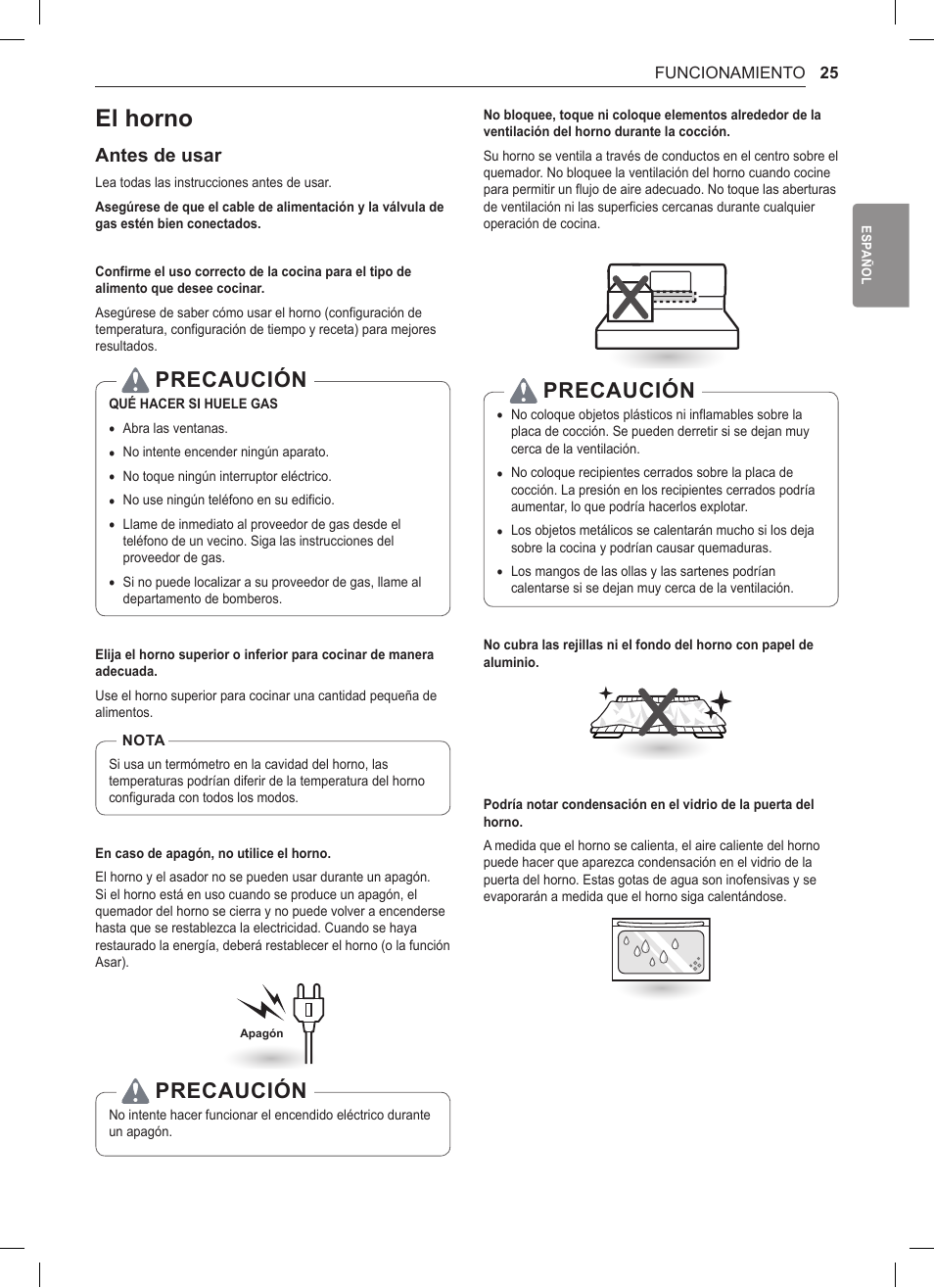 El horno, 25 el horno, Precaución | Antes de usar | LG 30 Inch Double Oven Gas Range Owners Manual User Manual | Page 83 / 120
