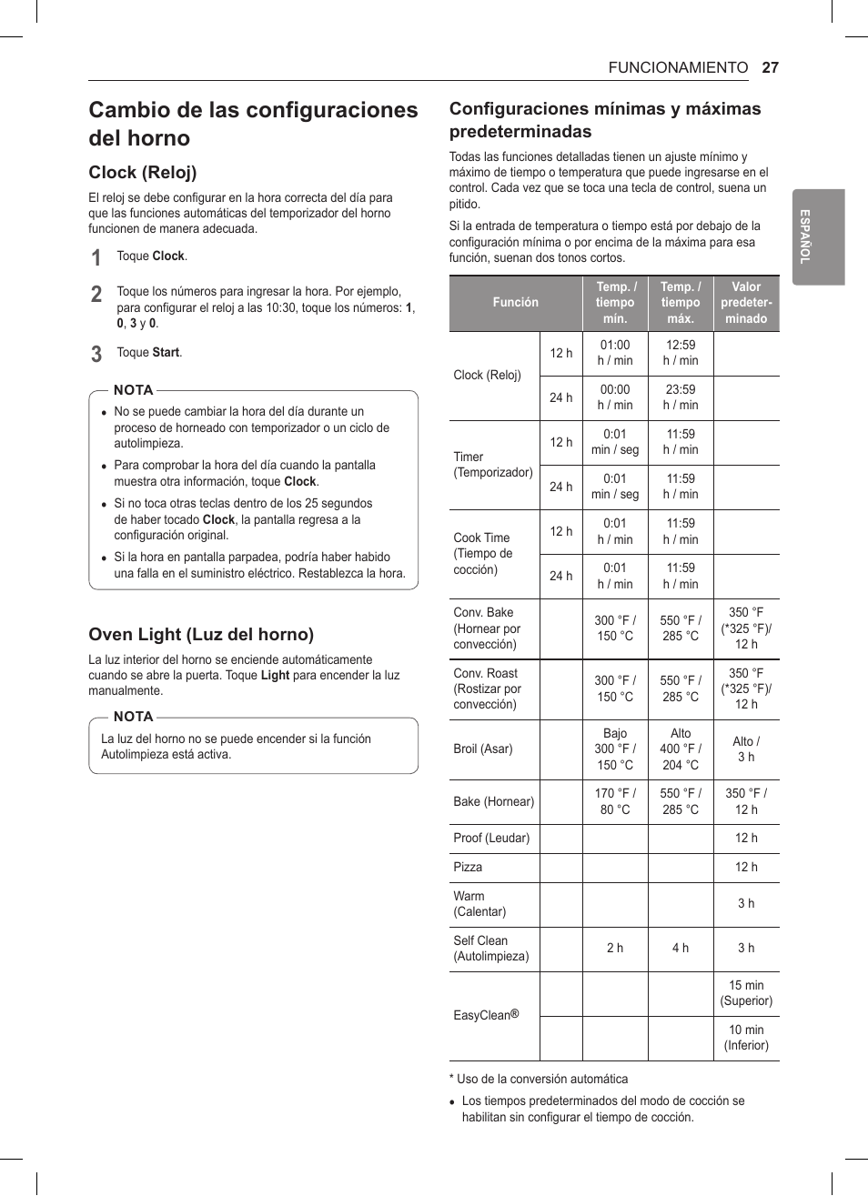 Cambio de las configuraciones del horno, Clock (reloj), Oven light (luz del horno) | Configuraciones mínimas y máximas predeterminadas, 27 cambio de las configuraciones del horno, Predeterminadas | LG 30 Inch Double Oven Gas Range Owners Manual User Manual | Page 85 / 120