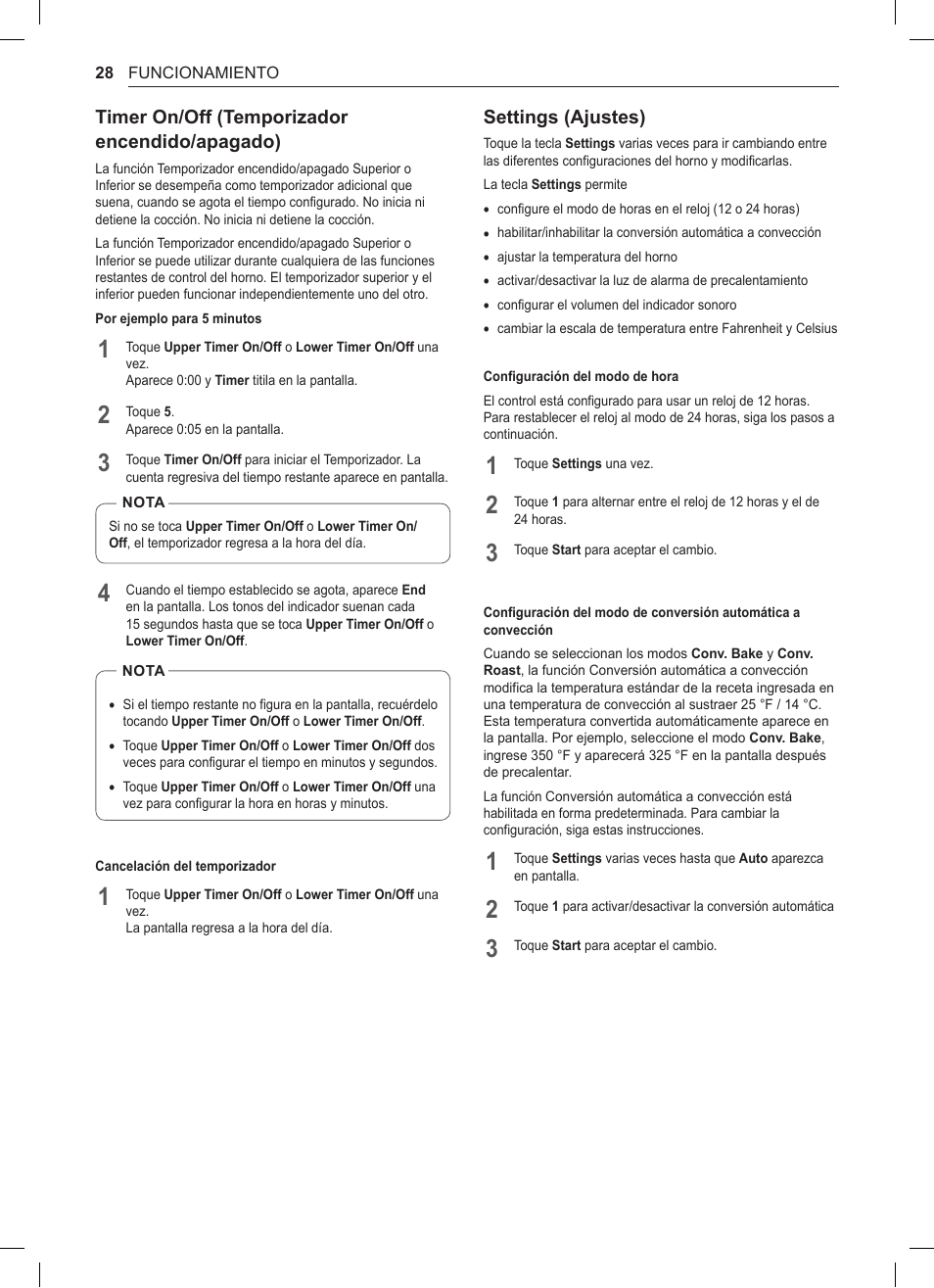Timer on/off (temporizador encendido/apagado), Settings (ajustes), Configuración del modo de hora | 28 timer on/off (temporizador encendido, Apagado), 28 settings (ajustes) | LG 30 Inch Double Oven Gas Range Owners Manual User Manual | Page 86 / 120