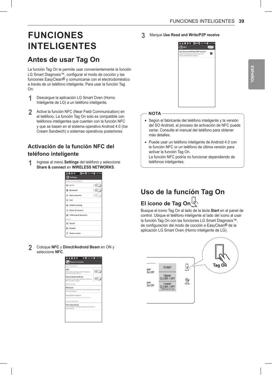 Funciones inteligentes, Antes de usar tag on, Uso de la función tag on | LG 30 Inch Double Oven Gas Range Owners Manual User Manual | Page 97 / 120