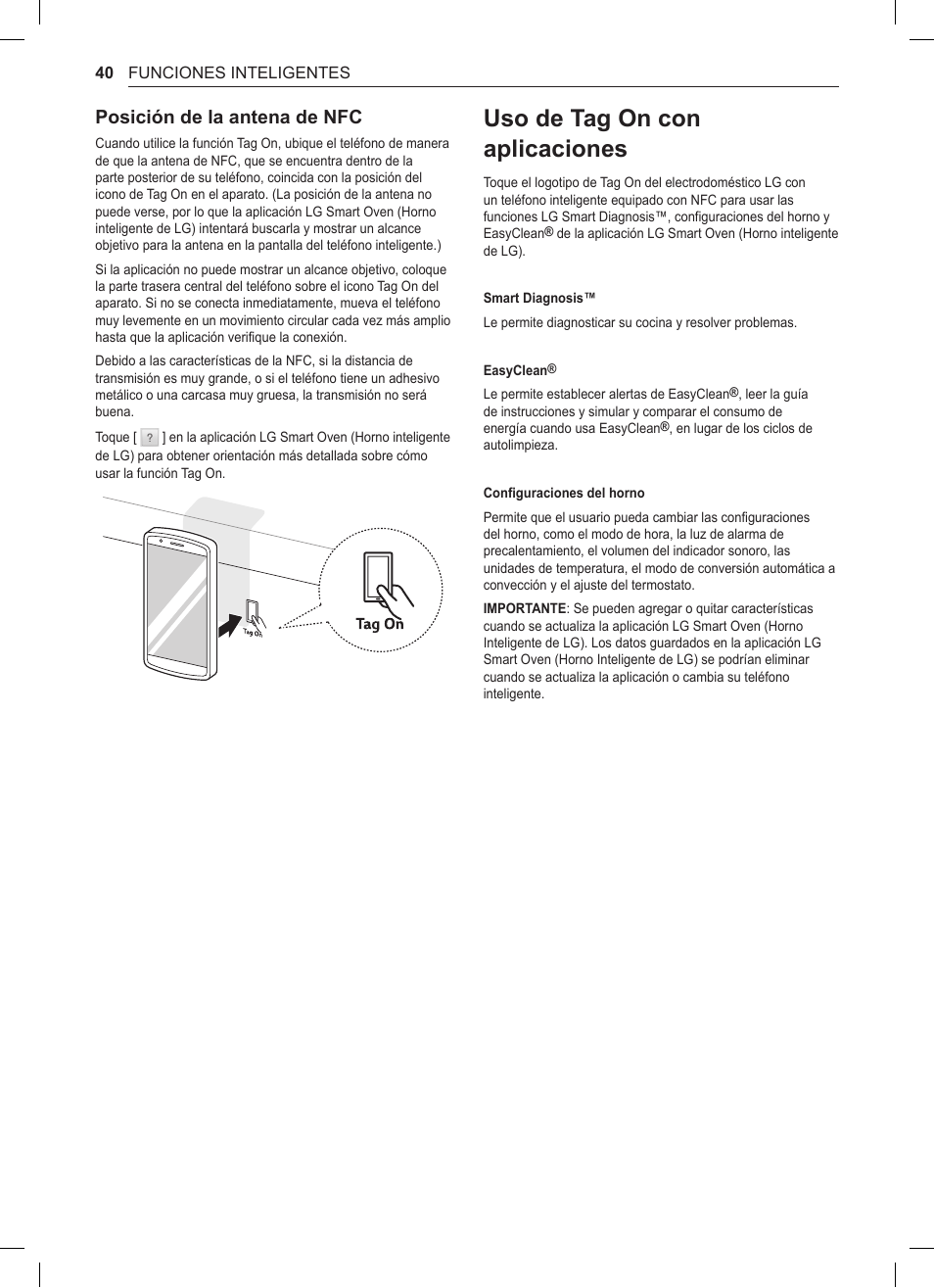 Uso de tag on con aplicaciones, 40 uso de tag on con aplicaciones, Posición de la antena de nfc | LG 30 Inch Double Oven Gas Range Owners Manual User Manual | Page 98 / 120