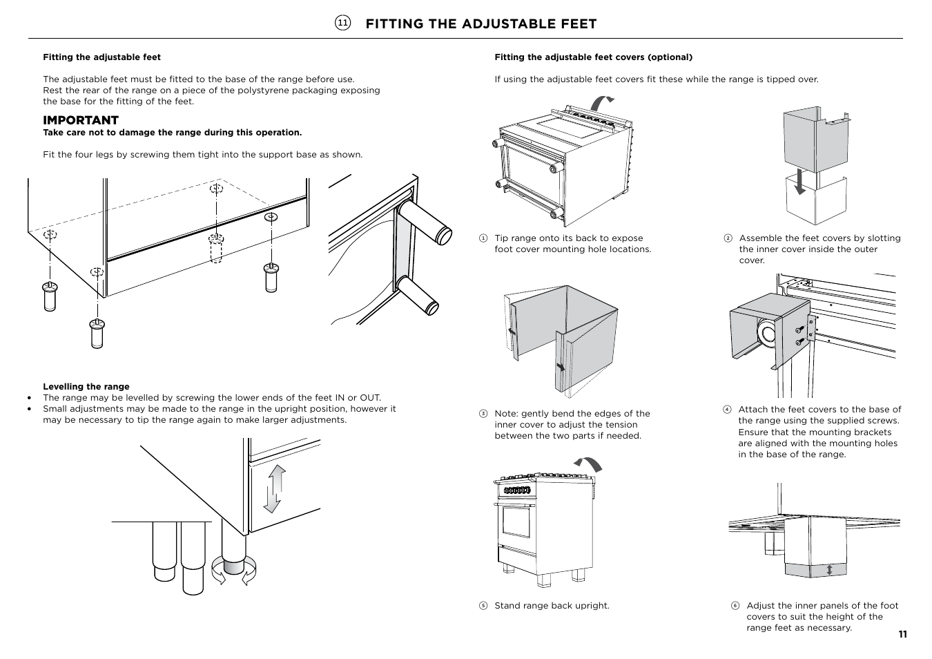Fitting the adjustable feet, Important | Fisher & Paykel Series 7 Contemporary Series 30 Inch Freestanding Gas Range Installation Guide User Manual | Page 11 / 54