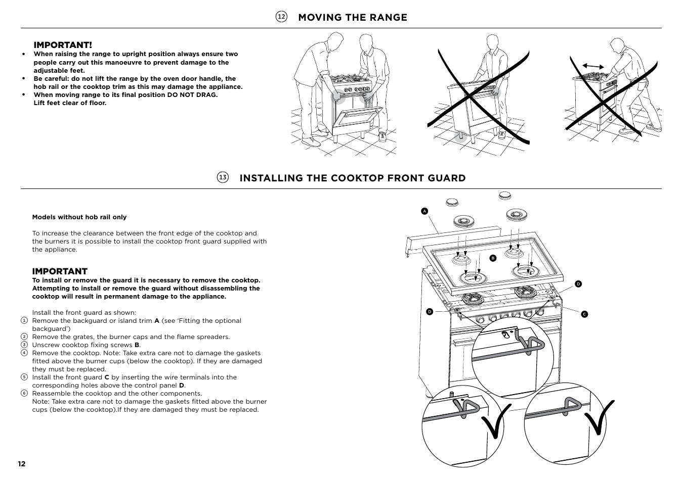 Moving the range, Installing the cooktop front guard, Important | Fisher & Paykel Series 7 Contemporary Series 30 Inch Freestanding Gas Range Installation Guide User Manual | Page 12 / 54
