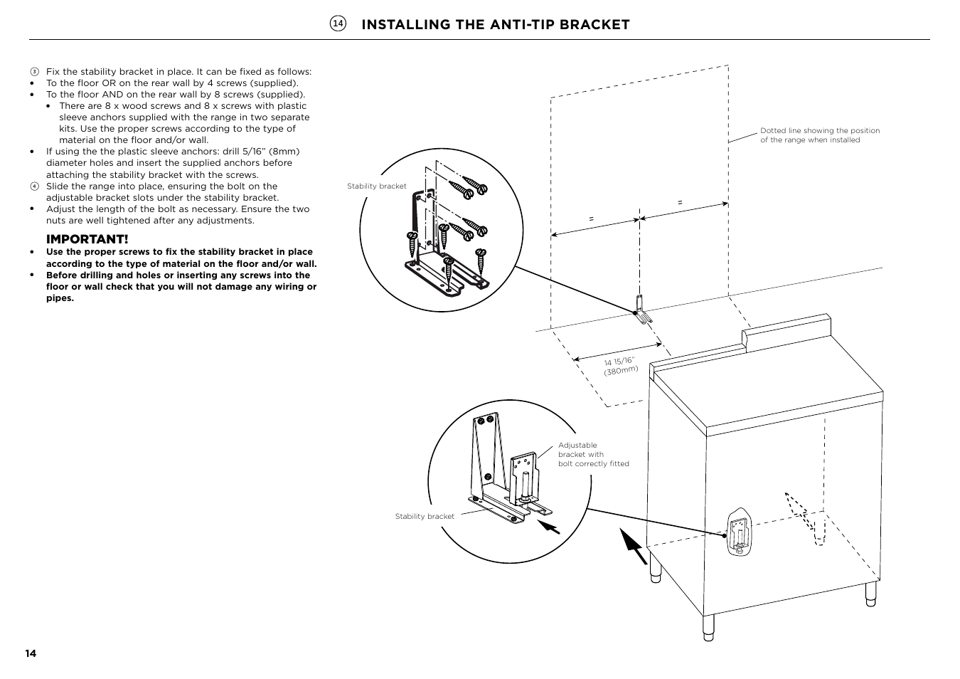 Installing the anti-tip bracket, Important | Fisher & Paykel Series 7 Contemporary Series 30 Inch Freestanding Gas Range Installation Guide User Manual | Page 14 / 54