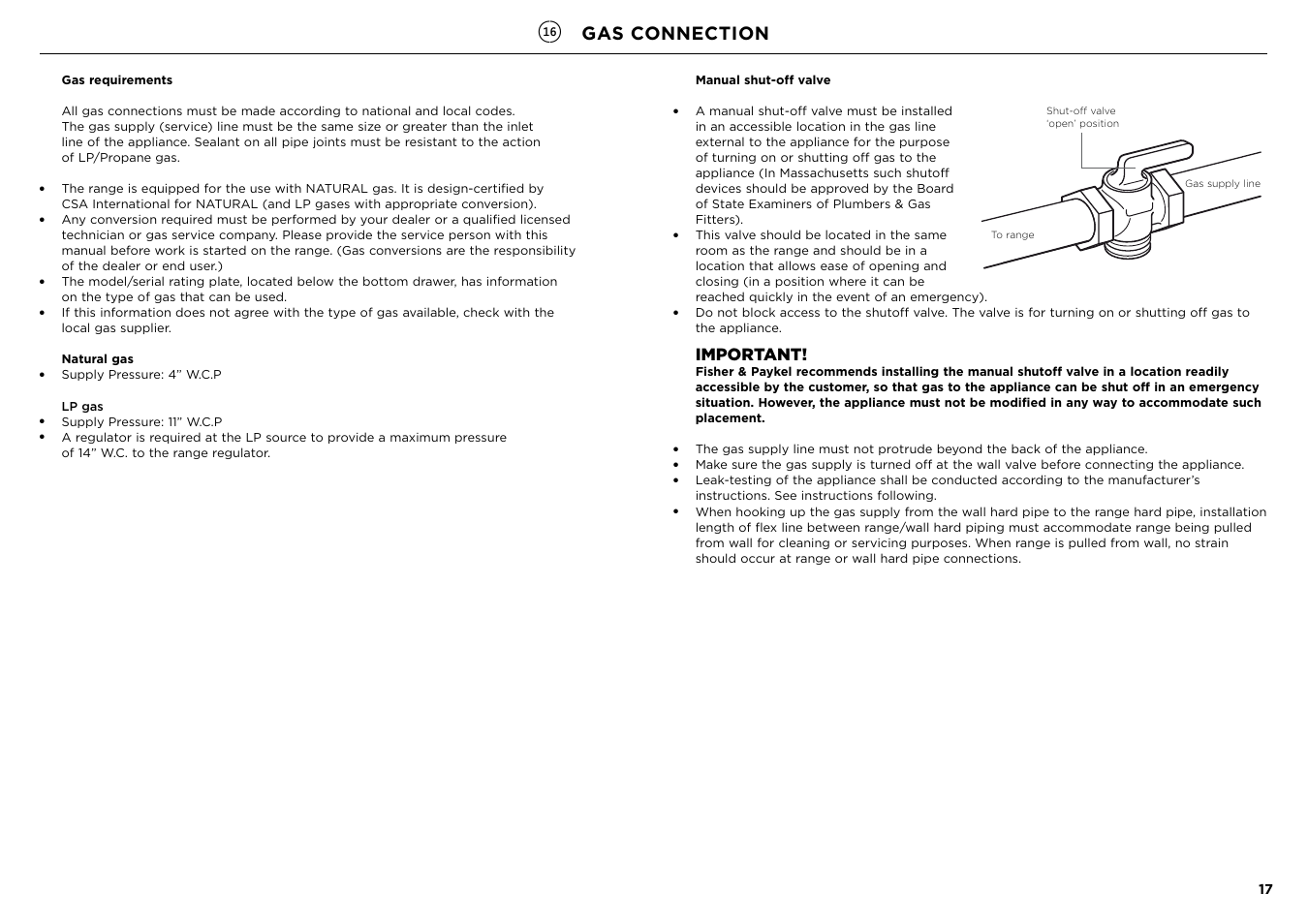 Gas connection, Important | Fisher & Paykel Series 7 Contemporary Series 30 Inch Freestanding Gas Range Installation Guide User Manual | Page 17 / 54