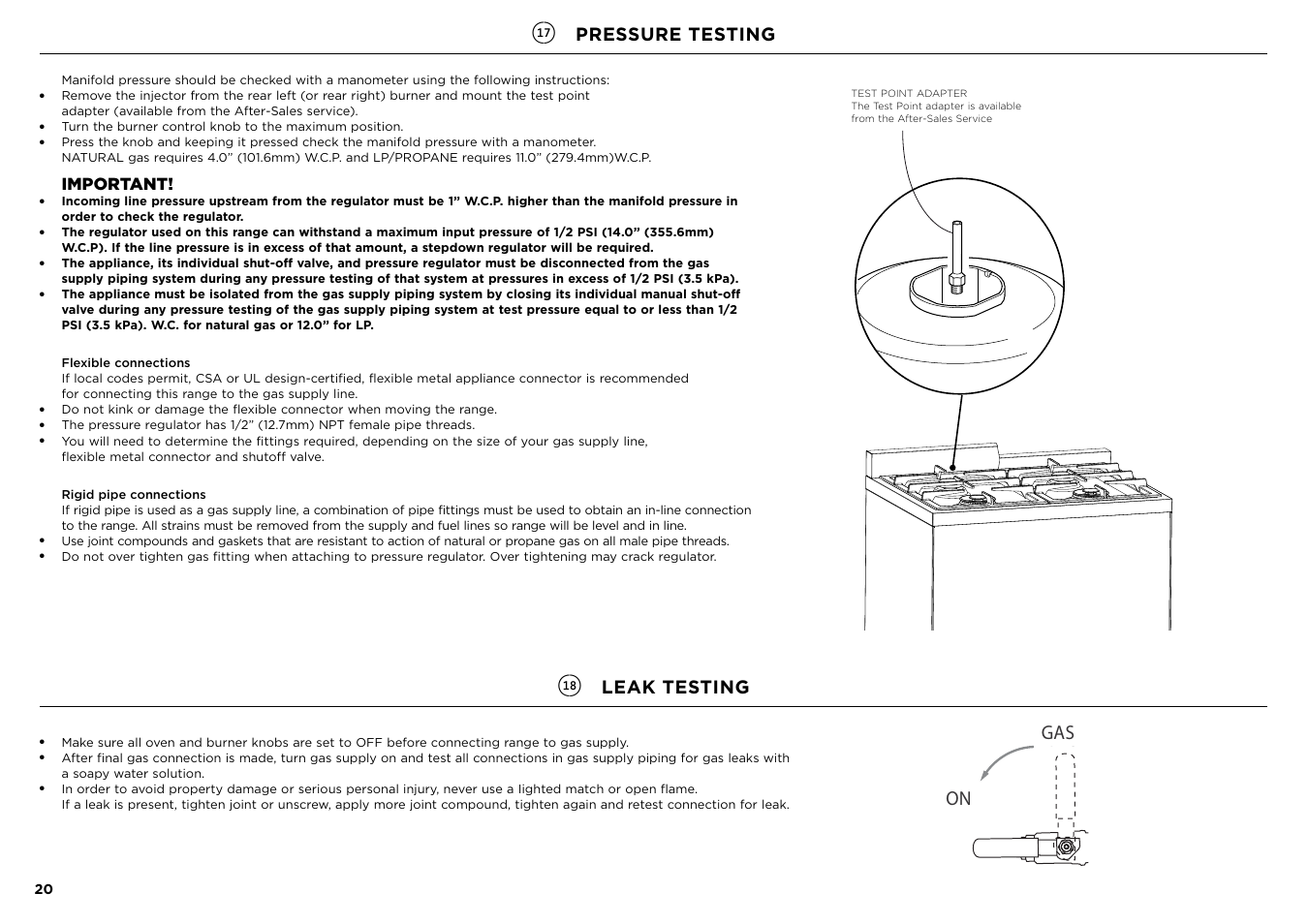 Gas on gas on, Pressure testing, Leak testing | Important | Fisher & Paykel Series 7 Contemporary Series 30 Inch Freestanding Gas Range Installation Guide User Manual | Page 20 / 54