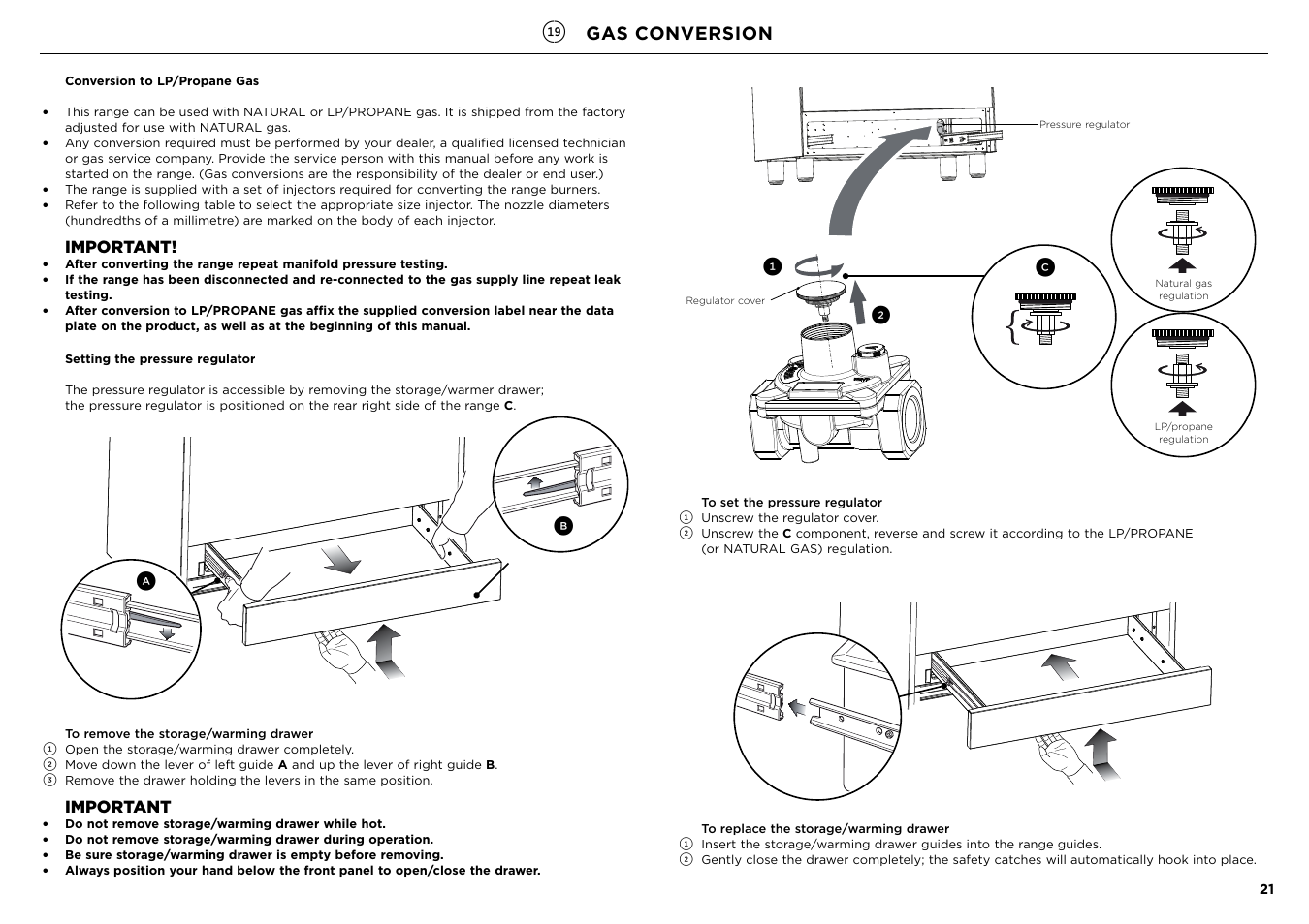 Ac b, Gas conversion, Important | Fisher & Paykel Series 7 Contemporary Series 30 Inch Freestanding Gas Range Installation Guide User Manual | Page 21 / 54