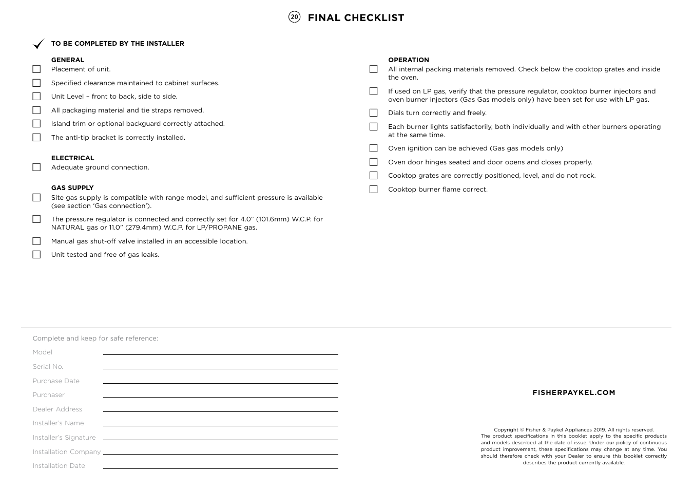 Final checklist | Fisher & Paykel Series 7 Contemporary Series 30 Inch Freestanding Gas Range Installation Guide User Manual | Page 27 / 54