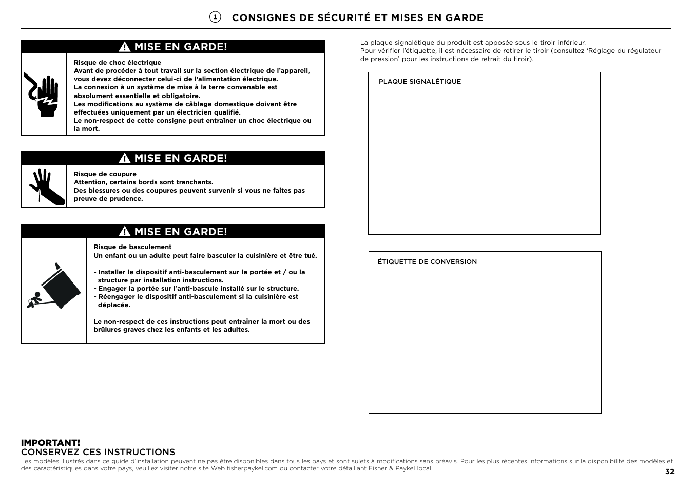 Mise en garde, Consignes de sécurité et mises en garde | Fisher & Paykel Series 7 Contemporary Series 30 Inch Freestanding Gas Range Installation Guide User Manual | Page 30 / 54