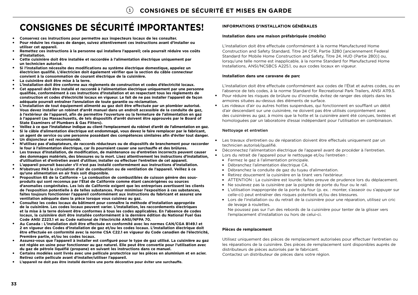 Consignes de sécurité importantes, Consignes de sécurité et mises en garde | Fisher & Paykel Series 7 Contemporary Series 30 Inch Freestanding Gas Range Installation Guide User Manual | Page 31 / 54