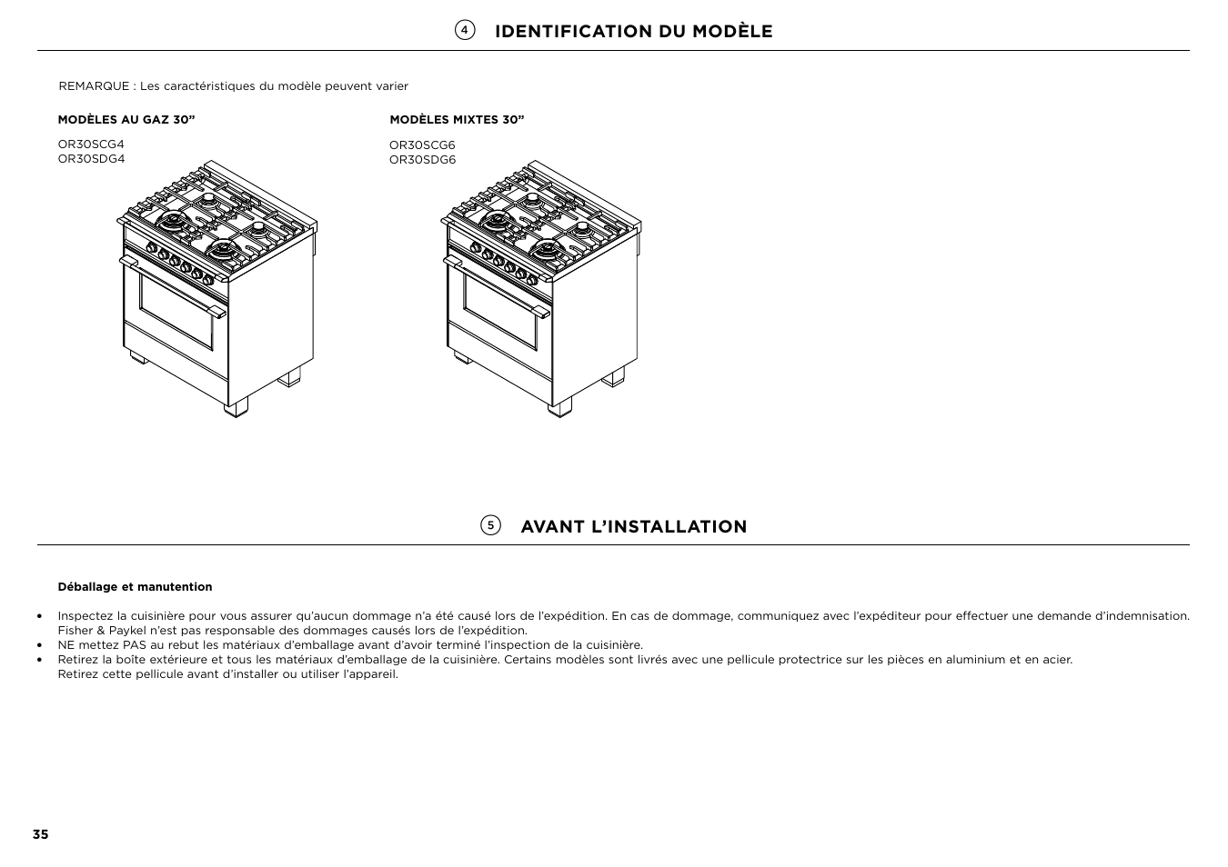 Identification du modèle, Avant l’installation | Fisher & Paykel Series 7 Contemporary Series 30 Inch Freestanding Gas Range Installation Guide User Manual | Page 33 / 54