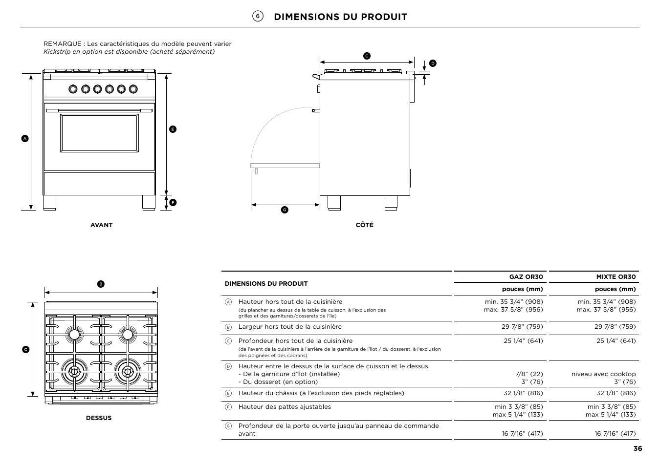 Dimensions du produit | Fisher & Paykel Series 7 Contemporary Series 30 Inch Freestanding Gas Range Installation Guide User Manual | Page 34 / 54